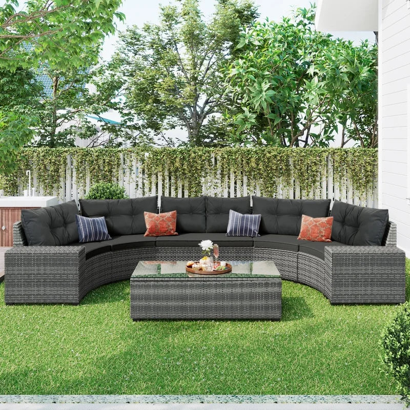 8-Piece Outdoor Wicker Round Sofa Set with Half-Moon Sectional, All-Weather PE Rattan, Curved Layout, Rectangular Coffee Table, Movable Gray Cushions