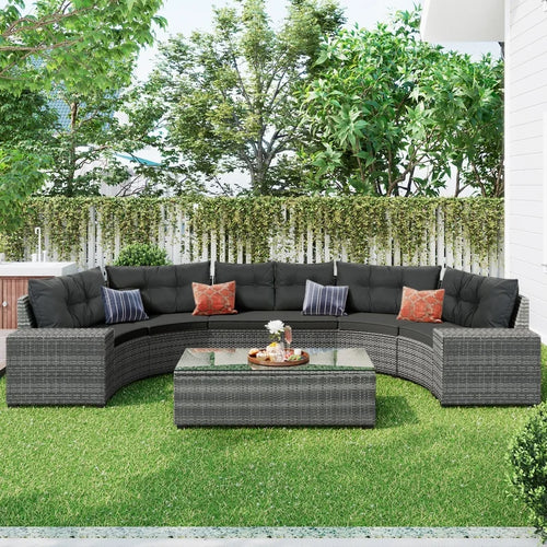 8-Piece Outdoor Wicker Round Sofa Set with Half-Moon Sectional, All-Weather PE Rattan, Curved Layout, Rectangular Coffee Table, Movable Gray Cushions