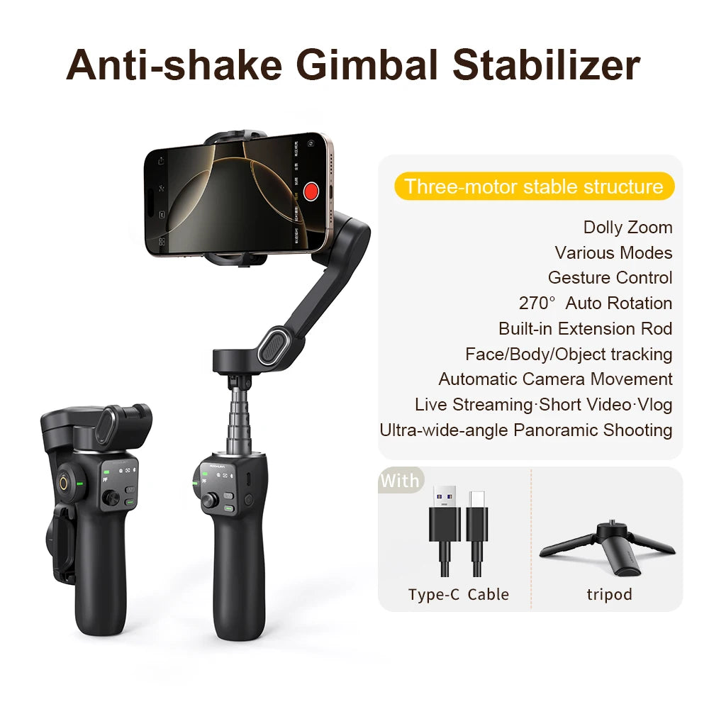 AOCHUAN 3-Axis Phone Gimbal Stabilizer with Extension Rod & Face Tracking