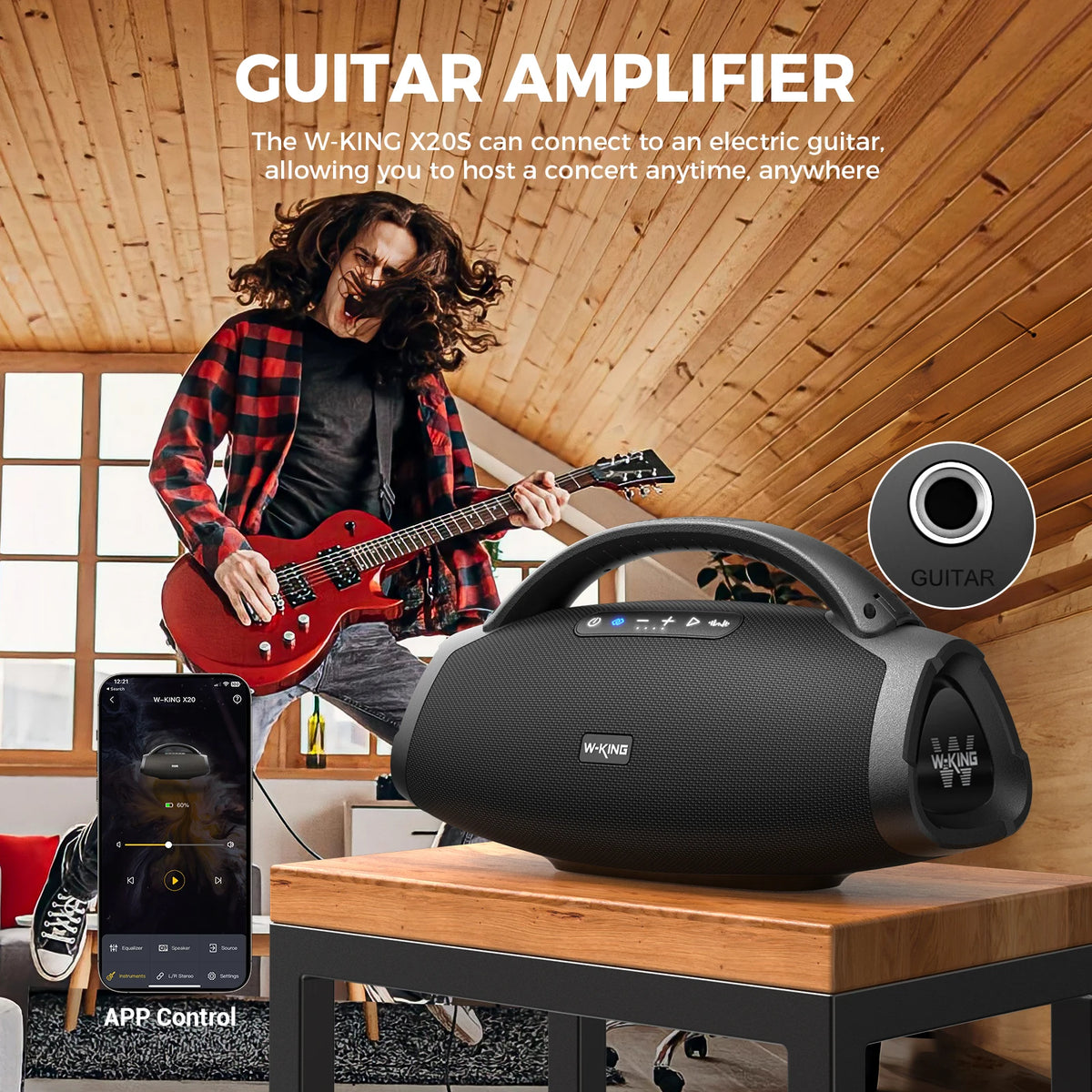 Portable 140W Bluetooth speaker with powerful bass, IPX7 waterproof protection, and a convenient carrying strap.