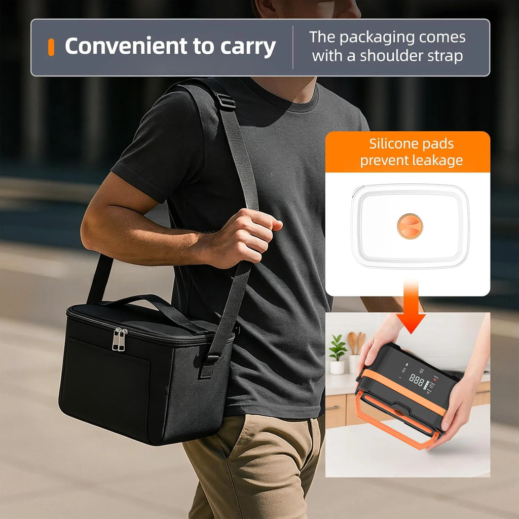 Cordless Heated Lunch Box Pro with a 30,000mAh rechargeable battery, 100W fast heating, and smart temperature control up to 221°F. Includes an insulated bag, perfect for work, travel, and camping.