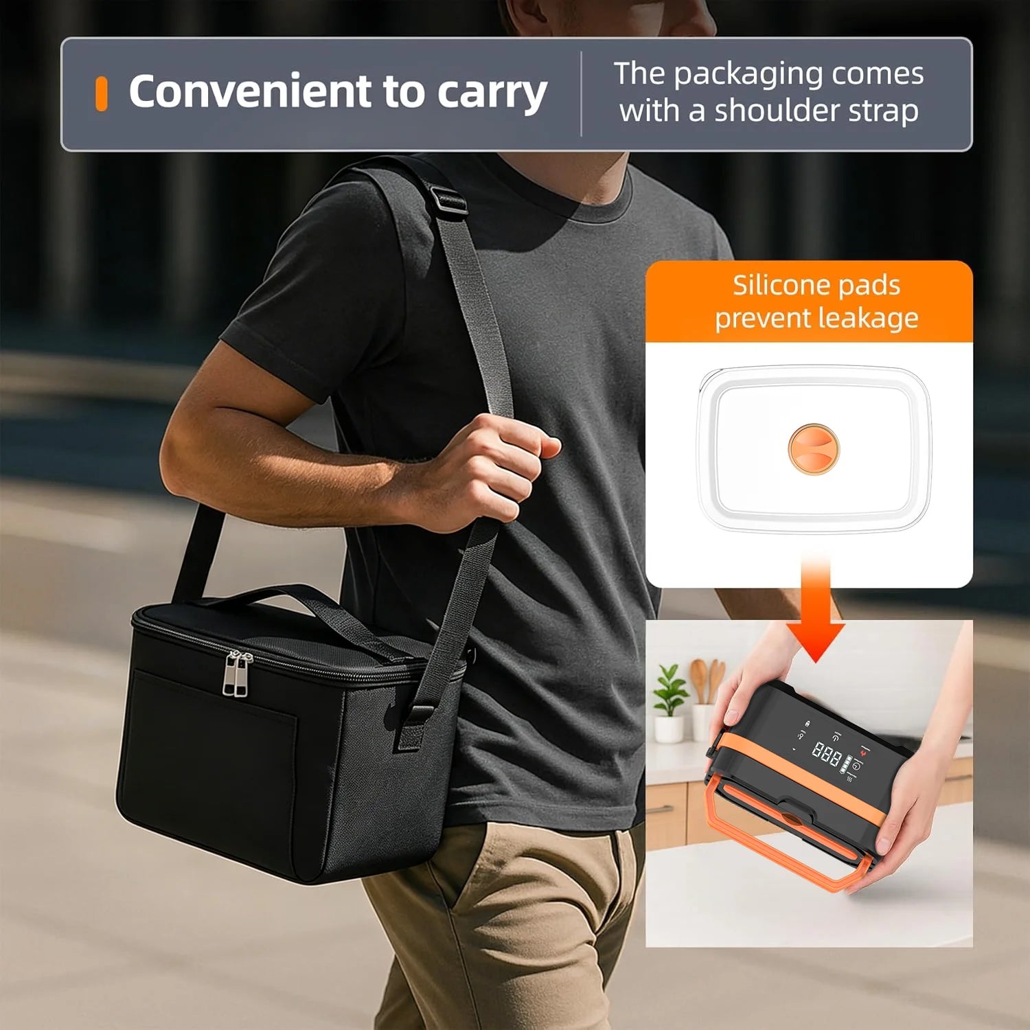 Cordless Heated Lunch Box Pro with a 30,000mAh rechargeable battery, 100W fast heating, and smart temperature control up to 221°F. Includes an insulated bag, perfect for work, travel, and camping.