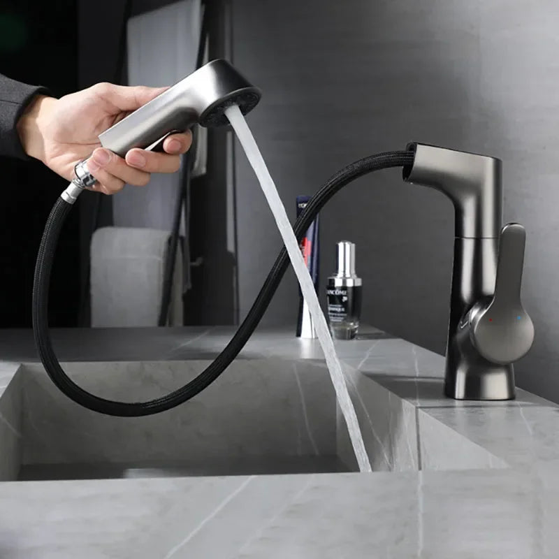 Modern bathroom faucet with hot water functionality, ideal for sinks and everyday bathroom use.