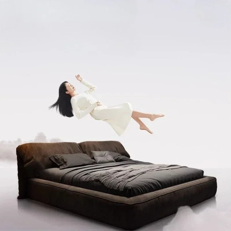 Modern Upholstered Queen Bed Frame – Cream & Black Coffee Soft Fabric Platform Bed