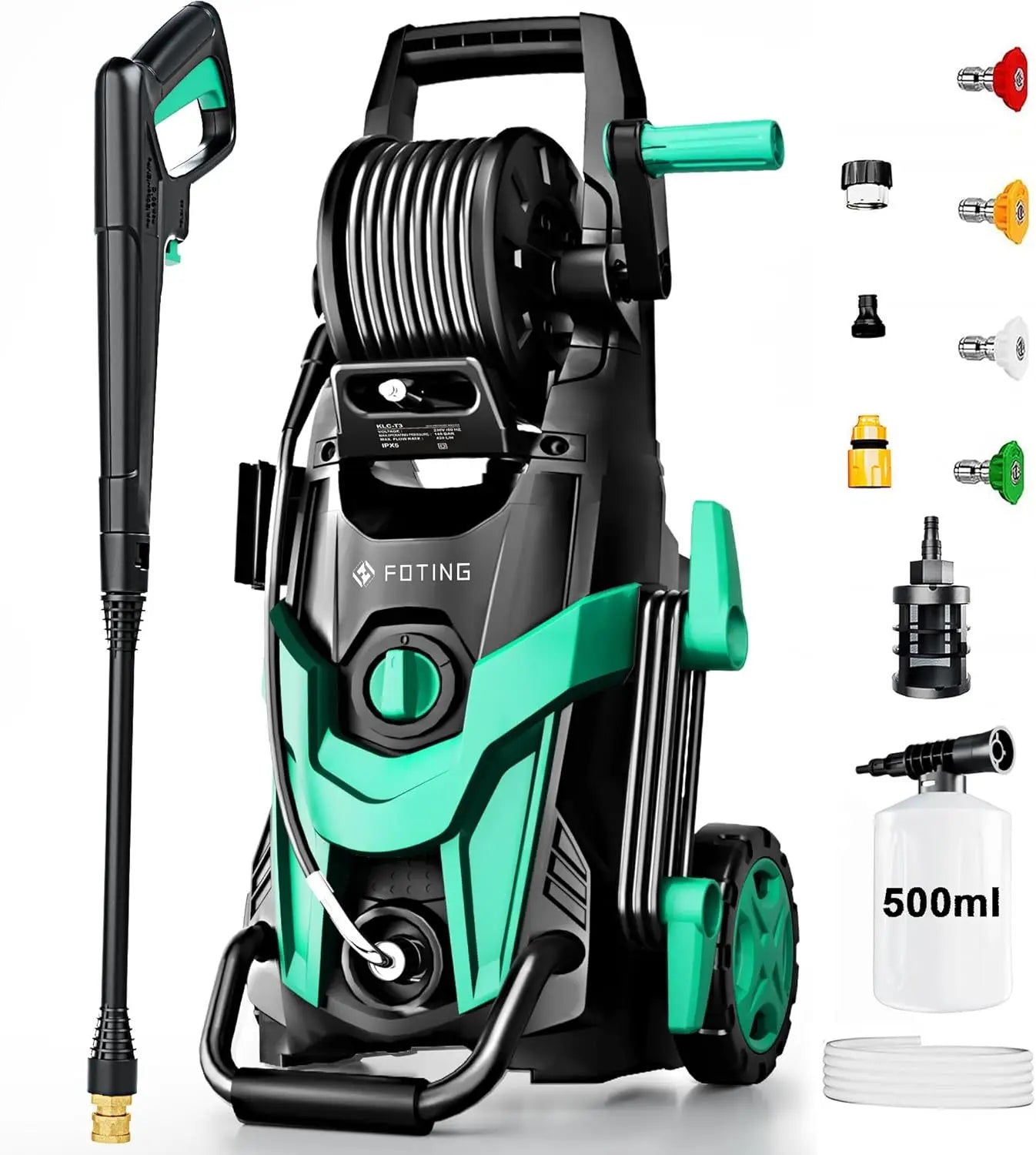 Pressure Power Washer 4800 PSI de alta potencia con 4 boquillas de conexión rápida, manguera de entrada con filtro y cañón de espuma. Ideal para limpiar autos, cercas, entradas, patios y exteriores del hogar con máxima eficiencia.