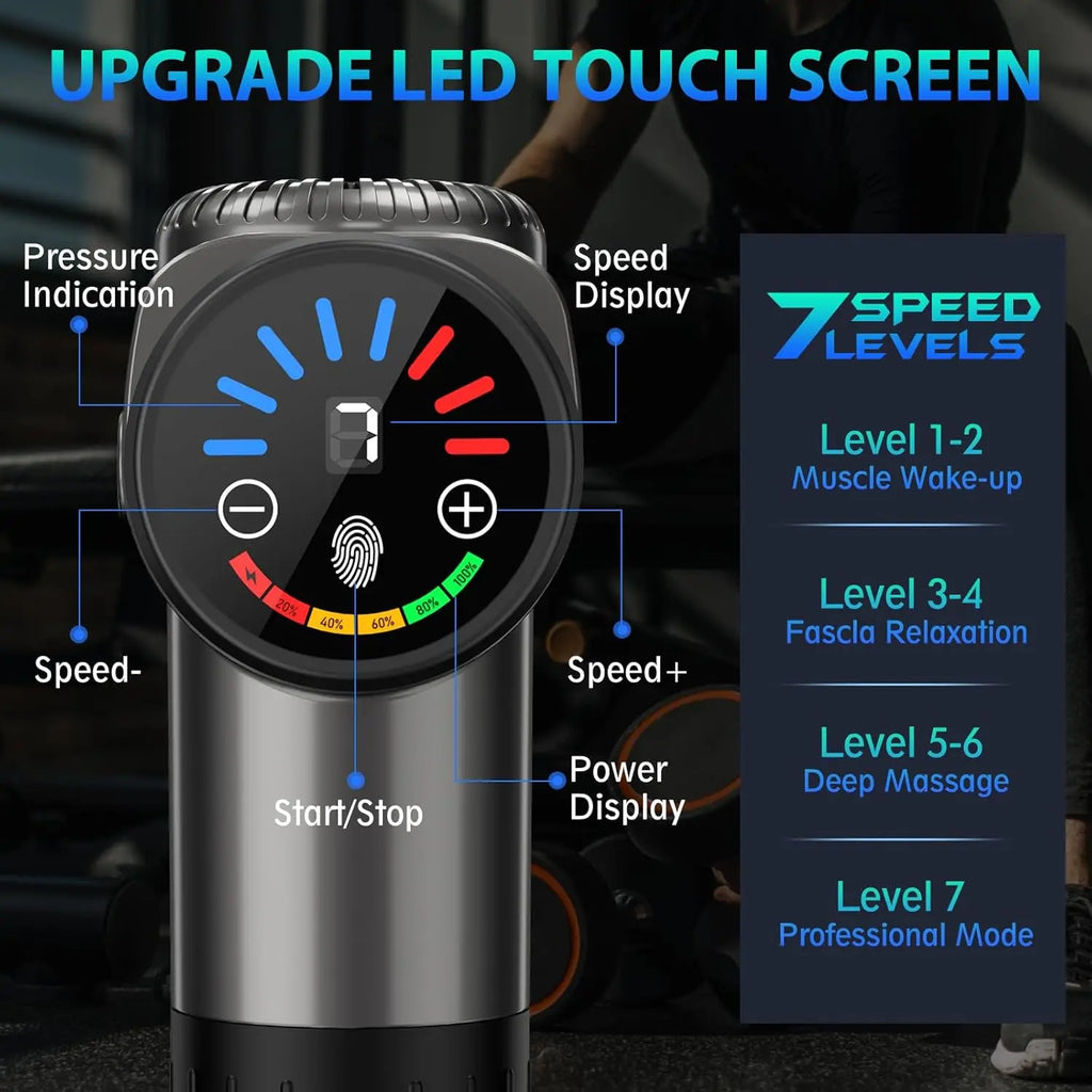 Deep tissue massage gun with 10 massage heads and a quiet motor, ideal for muscle relaxation and recovery.