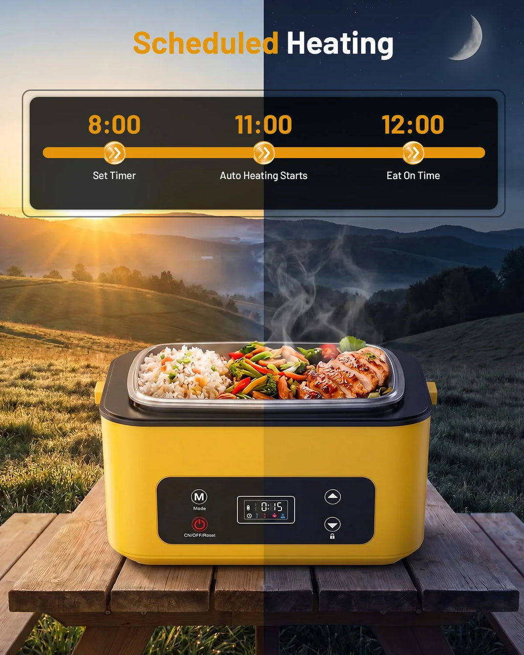 Portable heated lunch box with a 40oz stainless steel container, leakproof design, and built-in power bank for work, school, or travel.