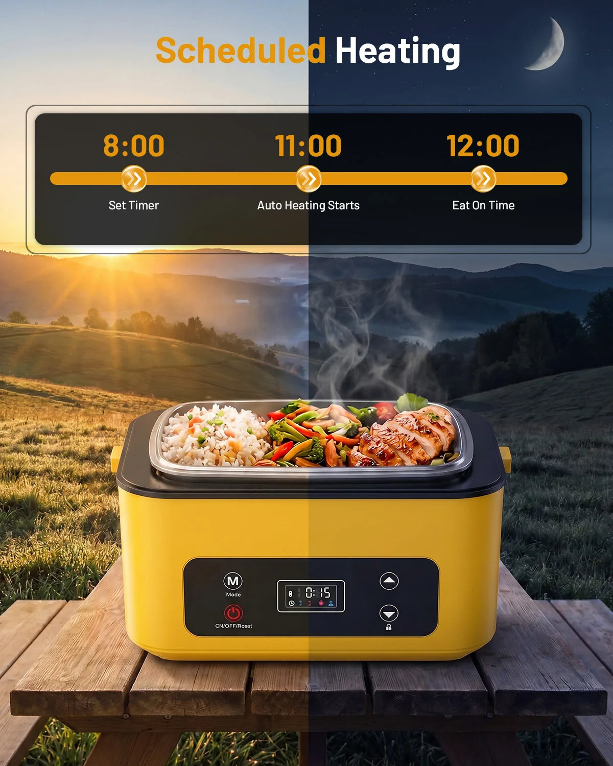 Portable heated lunch box with a 40oz stainless steel container, leakproof design, and built-in power bank for work, school, or travel.