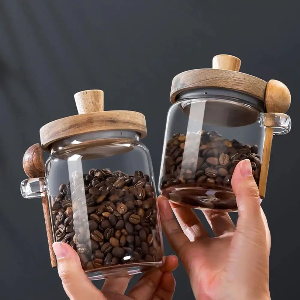 Glass Coffee Bean Storage Jar – Airtight Wooden Lid, Scoop & Wide-Mouth Design