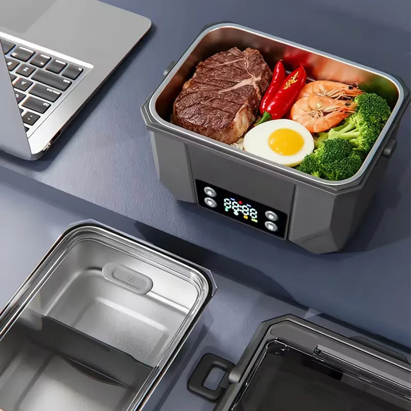 Portable 1500ML electric lunch box with USB charging and display screen, ideal for keeping food warm at home, work, or while traveling.