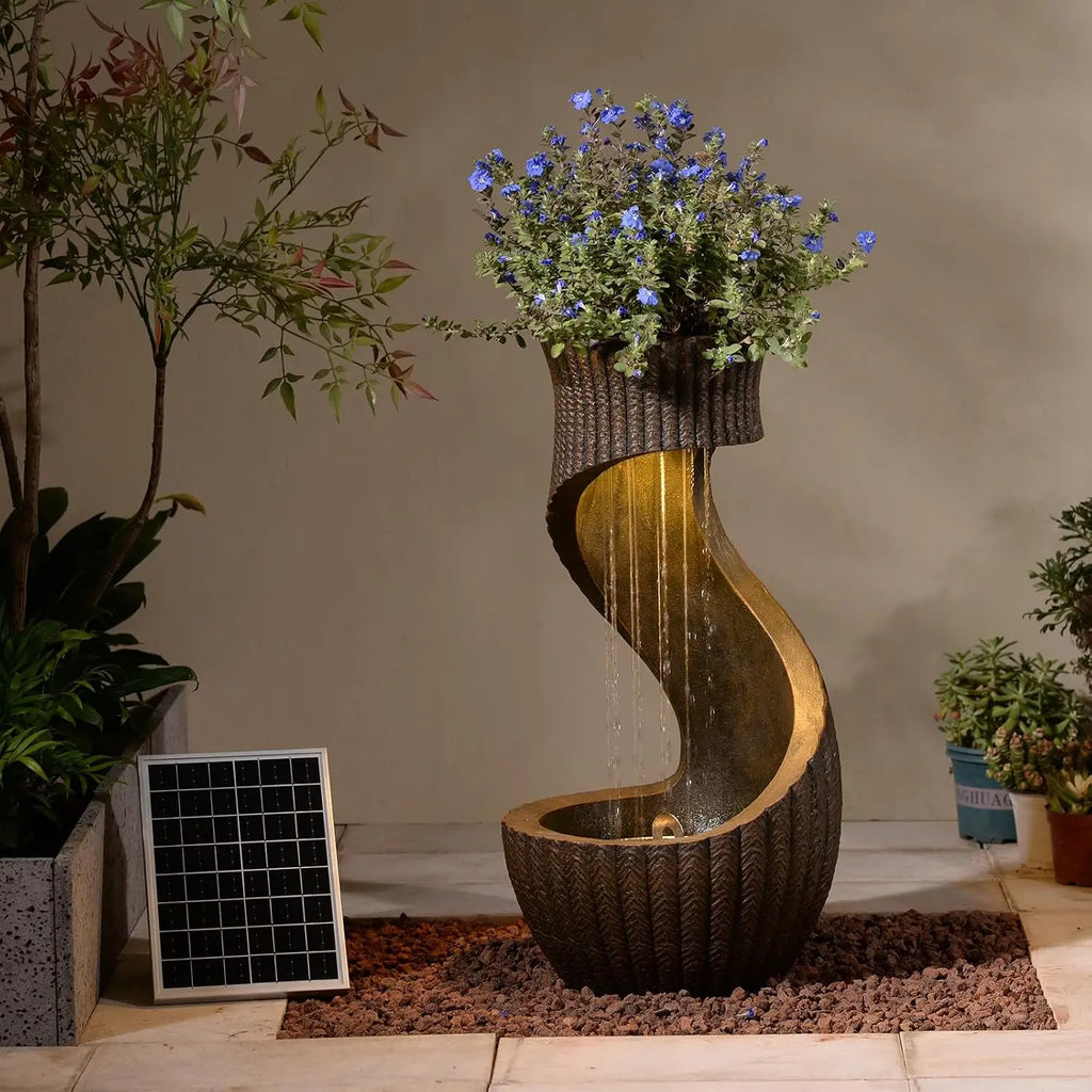26.77" Solar Outdoor Water Fountain – Modern Waterfall with LED Lights & Planter Bowl