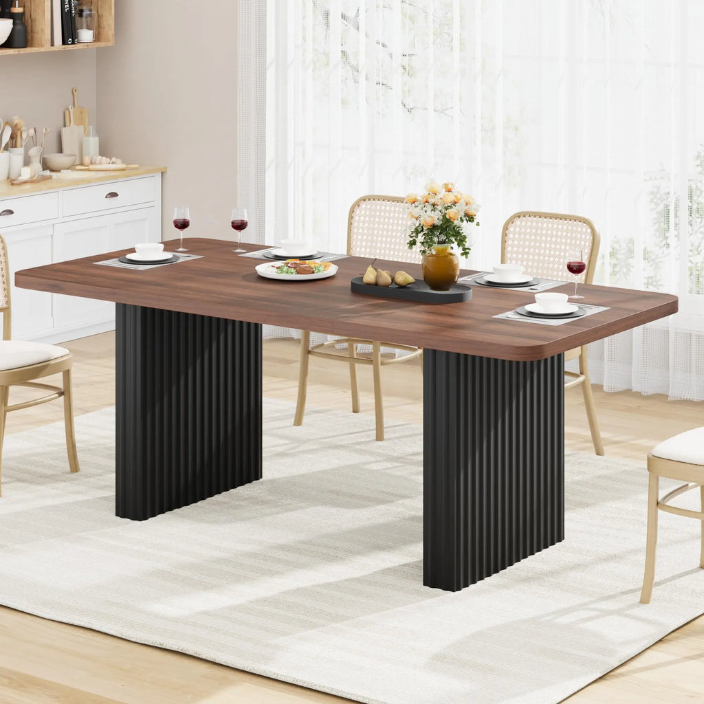 71" Modern Wooden Dining Table with Fluted Metal Legs
A stunning blend of rustic and industrial design. This spacious farmhouse table comfortably seats up to 8 people, making it the perfect centerpiece for your dining room or workspace.