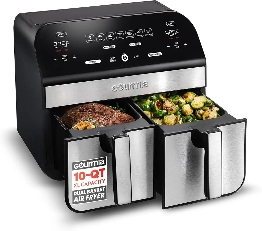 10 Qt Dual Zone Smart Air Fryer
Double your cooking efficiency. Prepare two foods two ways and sync them to finish simultaneously. Complete with 7 presets and dishwasher-safe parts, making family dinners easier than ever.