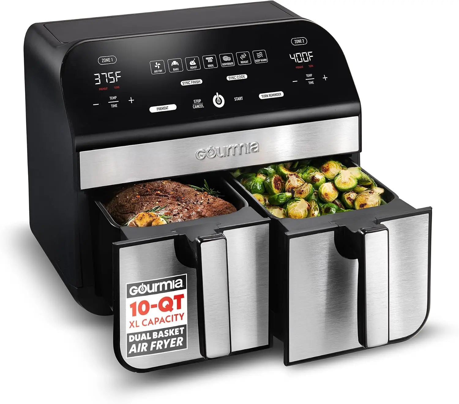 10 Qt Dual Zone Smart Air Fryer
Double your cooking efficiency. Prepare two foods two ways and sync them to finish simultaneously. Complete with 7 presets and dishwasher-safe parts, making family dinners easier than ever.
