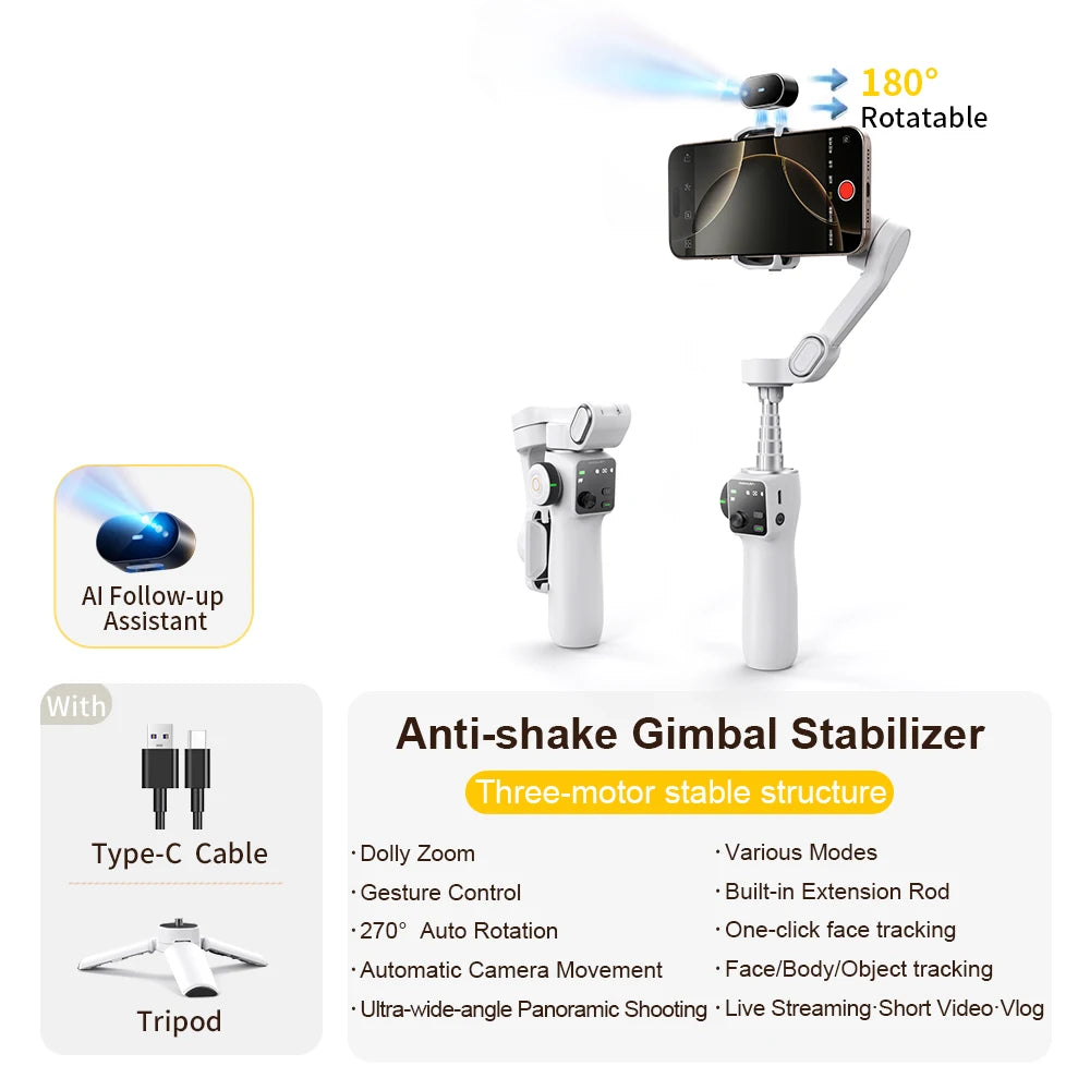AOCHUAN 3-Axis Phone Gimbal Stabilizer with Extension Rod & Face Tracking