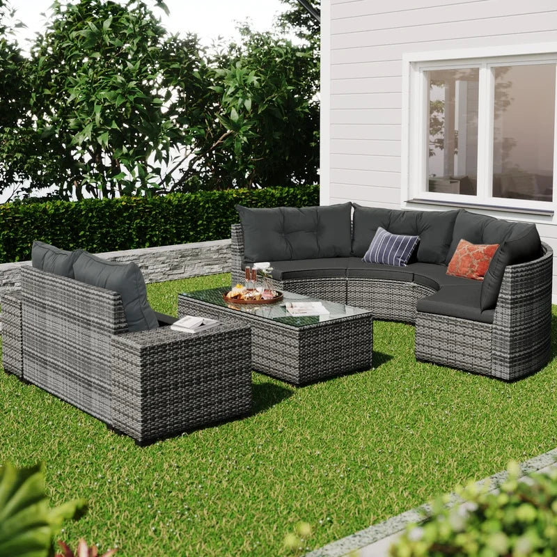 8-Piece Outdoor Wicker Round Sofa Set with Half-Moon Sectional, All-Weather PE Rattan, Curved Layout, Rectangular Coffee Table, Movable Gray Cushions