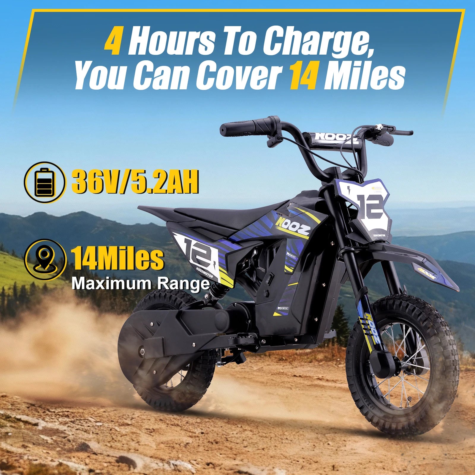 KOOZ 300W Kids Electric Dirt Bike (15.5 MPH)
The ultimate off-road experience for young riders. This 36V electric motorcycle features 3 safe speed modes, a 15.5 MPH top speed, and a long-lasting 14-mile range on a single charge.