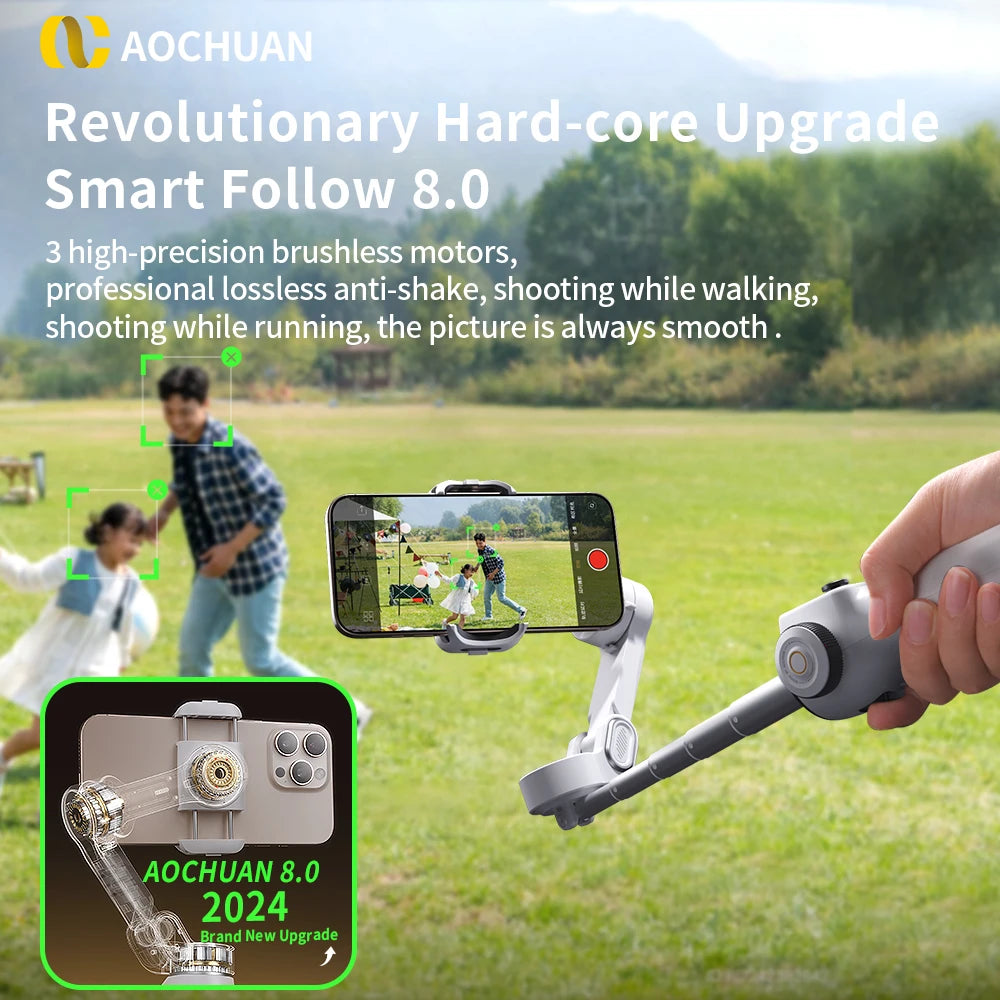 AOCHUAN 3-Axis Phone Gimbal Stabilizer with Extension Rod & Face Tracking