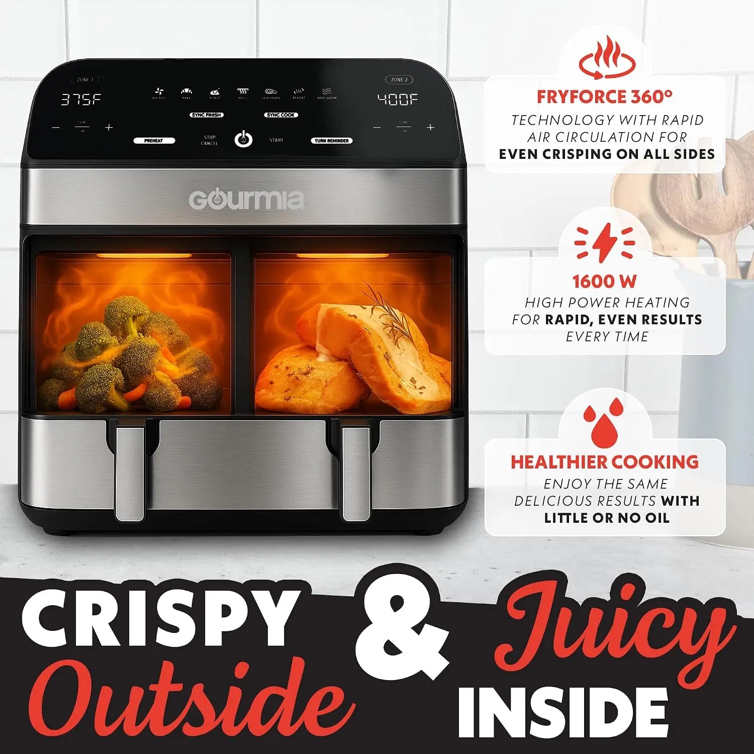 10 Qt Dual Zone Smart Air Fryer
Double your cooking efficiency. Prepare two foods two ways and sync them to finish simultaneously. Complete with 7 presets and dishwasher-safe parts, making family dinners easier than ever.