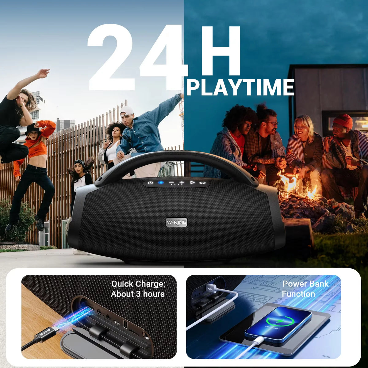 Portable 140W Bluetooth speaker with powerful bass, IPX7 waterproof protection, and a convenient carrying strap.