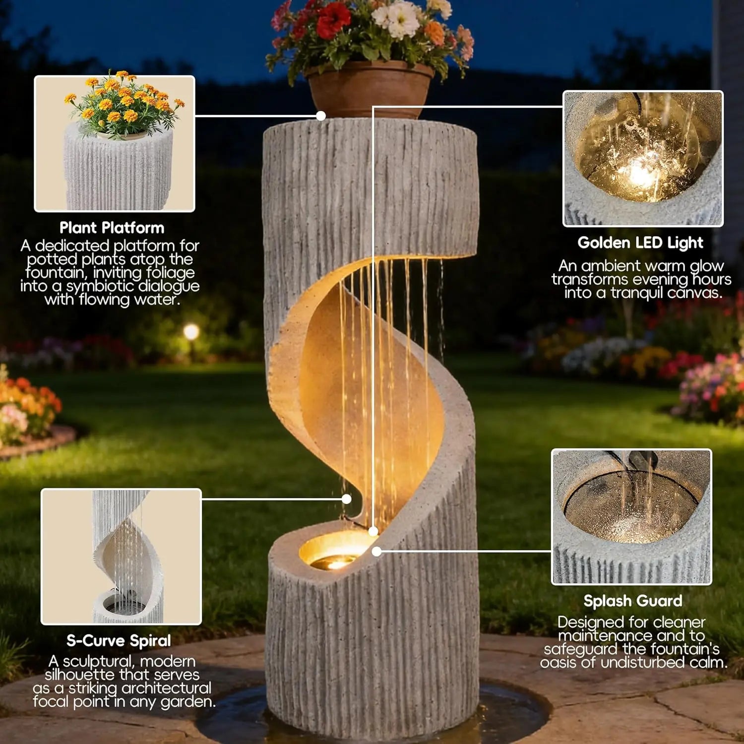 40" Modern S-Shaped Outdoor Fountain – Spiral Waterfall with LED Light & Plant Display Top