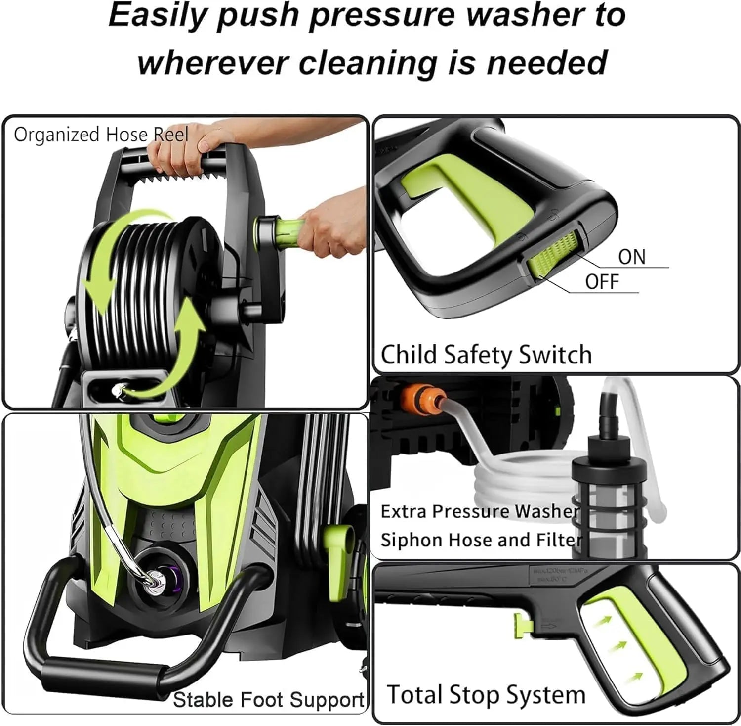 Pressure Power Washer 4800 PSI de alta potencia con 4 boquillas de conexión rápida, manguera de entrada con filtro y cañón de espuma. Ideal para limpiar autos, cercas, entradas, patios y exteriores del hogar con máxima eficiencia.