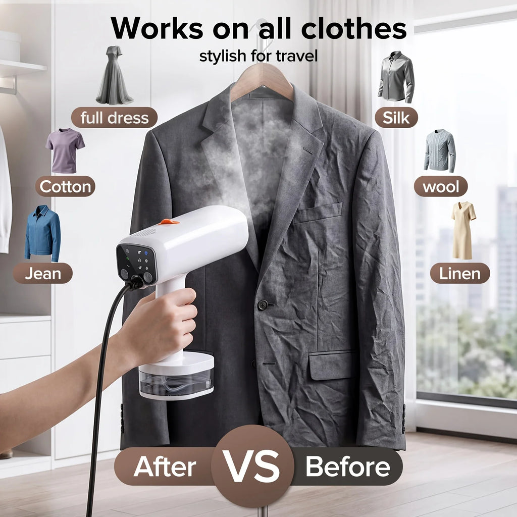 Lubluelu portable handheld garment steamer with fast-heating technology and powerful suction, designed for quick and easy wrinkle removal at home or on the go.