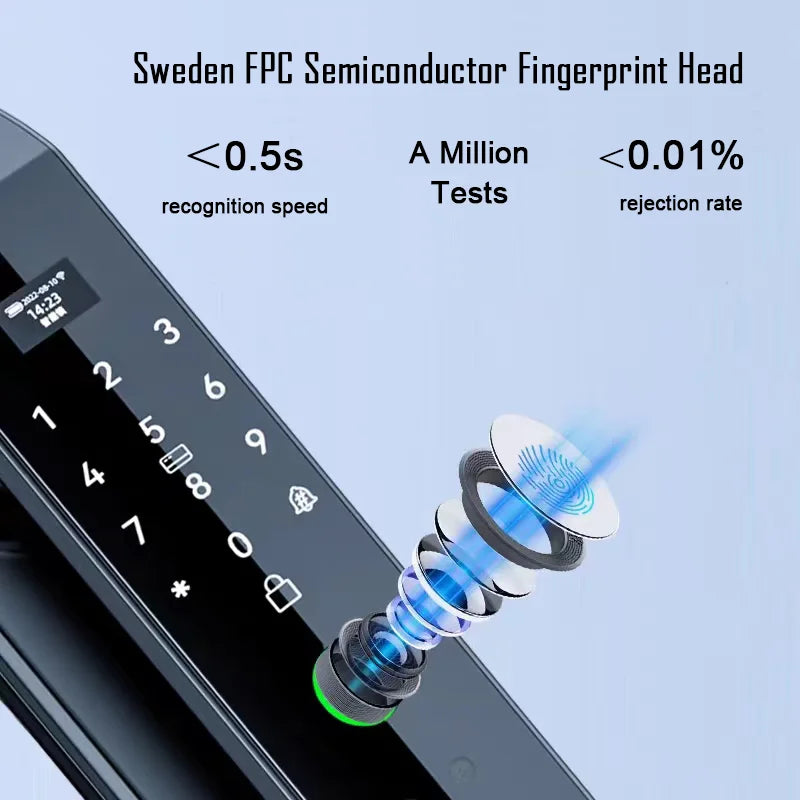 Keyless 3D Face Recognition Digital Door Lock
Secure your home with a glance. This advanced electronic lock features a built-in camera, fingerprint scanner, and passcode entry for seamless, key-free access.