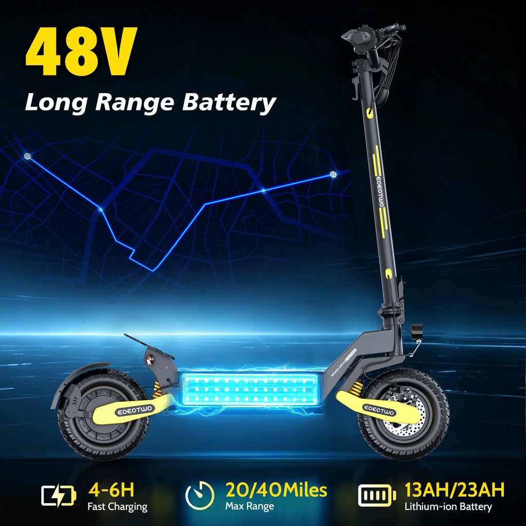 EOEOTWO 1200W Foldable Off-Road E-Scooter
Hit the trails at 30 MPH. This high-speed adult scooter packs a 48V long-range battery and rugged 11-inch tubeless tires into a durable, folding frame.