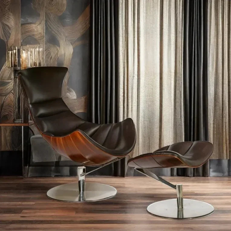 Premium Wood & Leather Lounge Chair – Modern Accent Seating for Living Room, Hotel & Outdoor Spaces