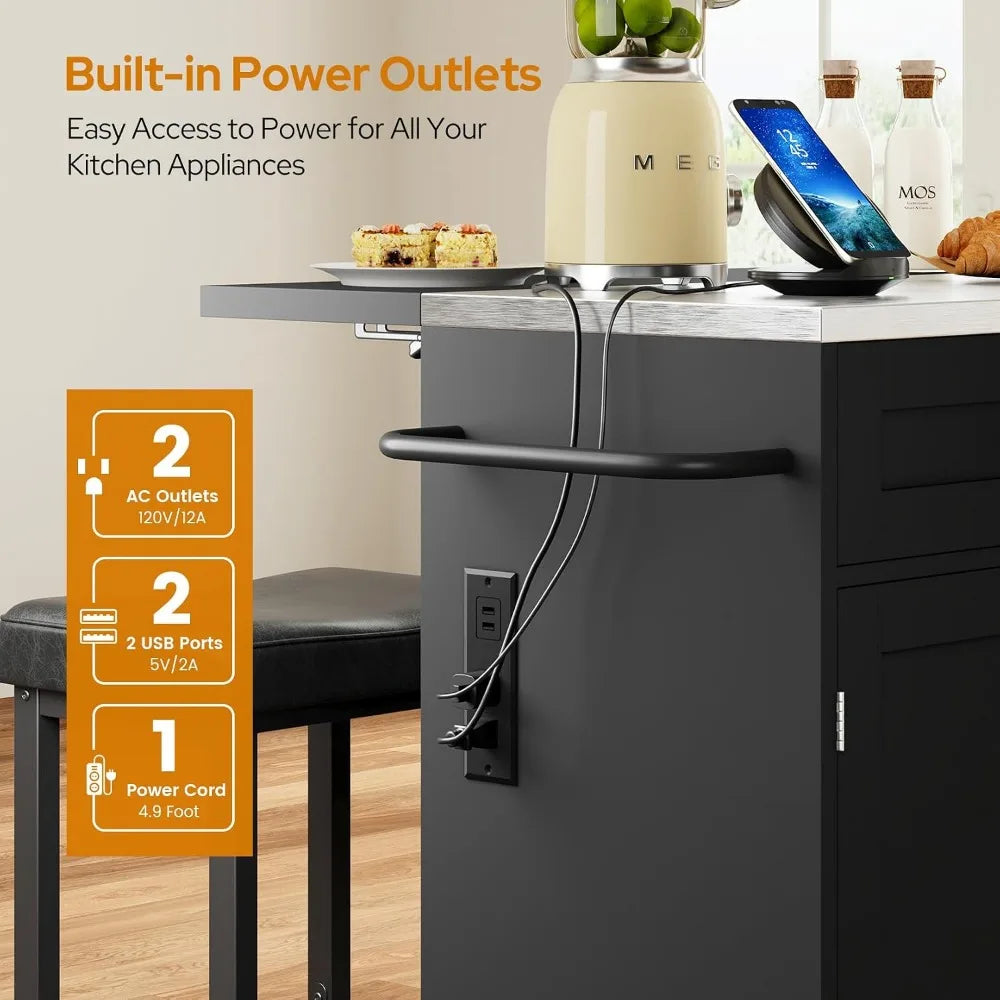 71" Kitchen Island with Seating, Folding Drop Leaf, and Stainless Steel Countertop