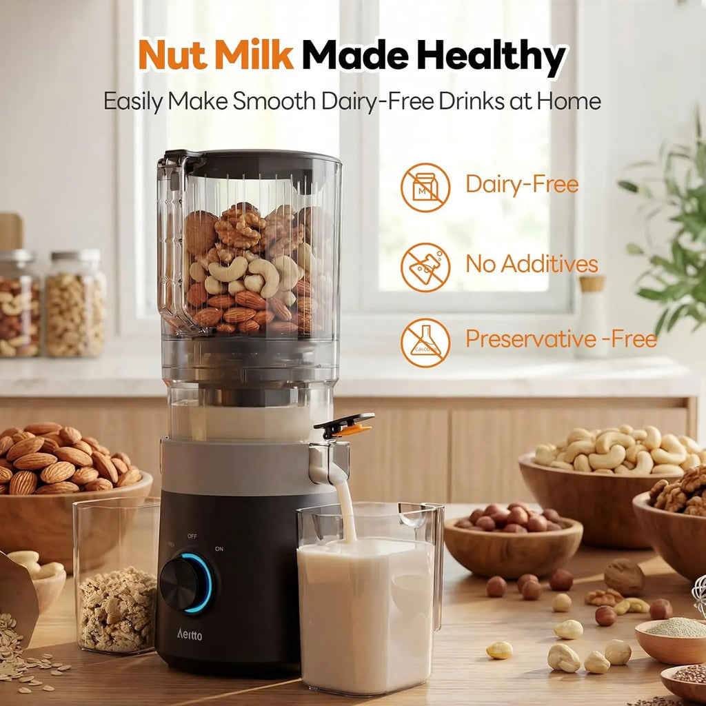 3-in-1 Cold Press Juicer for fresh juice, nut milk, and sorbet. Features a 6-inch extra-large feed chute, filter-free design, high juice yield, and easy cleaning.