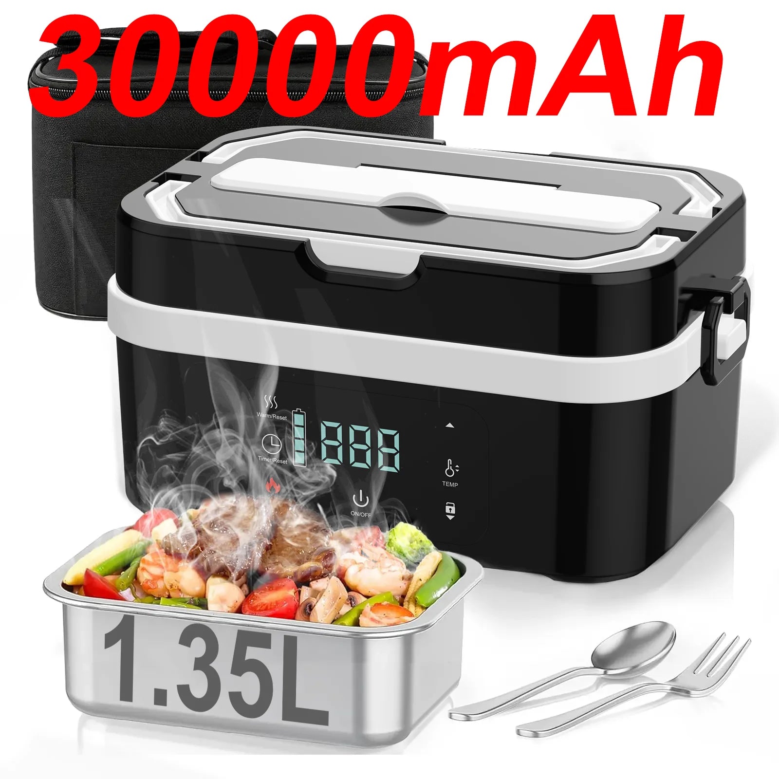 Cordless Heated Lunch Box Pro with a 30,000mAh rechargeable battery, 100W fast heating, and smart temperature control up to 221°F. Includes an insulated bag, perfect for work, travel, and camping.
