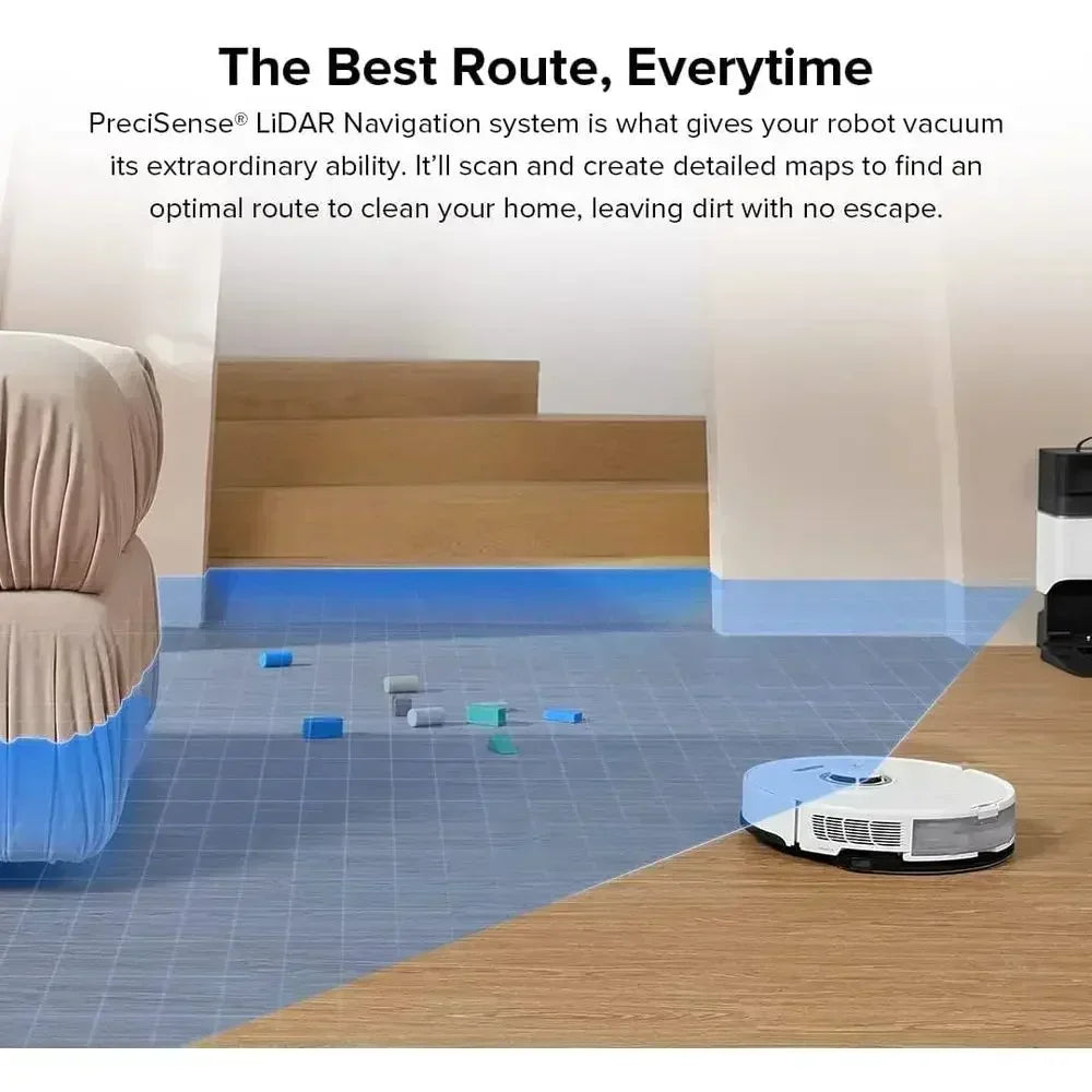 High-capacity robot vacuum and mop with self-emptying dock, 60-day dust storage, auto mopping, and smart carpet detection.