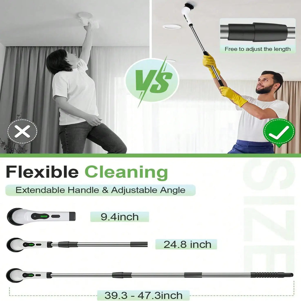 Rechargeable electric rotary scrubber with 9 brush heads, 2 speeds, adjustable handle, and waterproof design for easy cleaning.