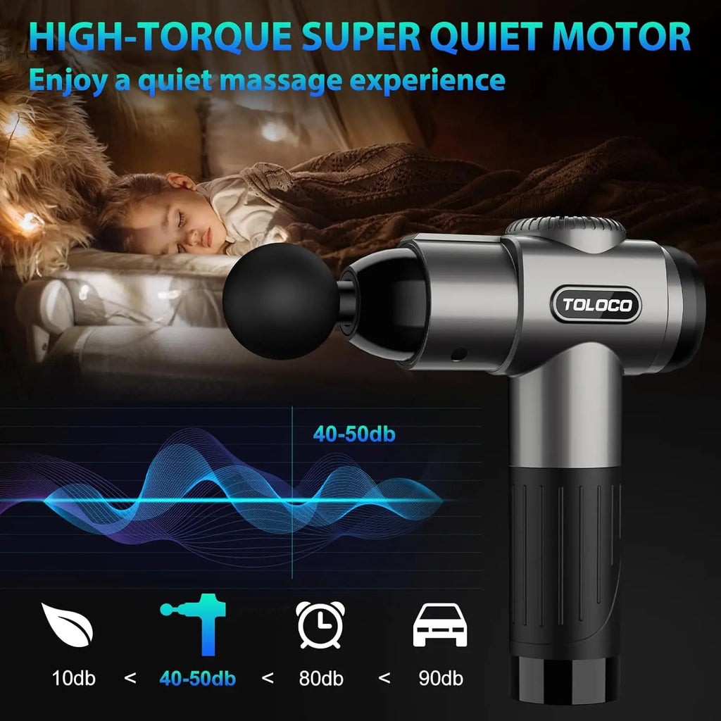 Deep tissue massage gun with 10 massage heads and a quiet motor, ideal for muscle relaxation and recovery.