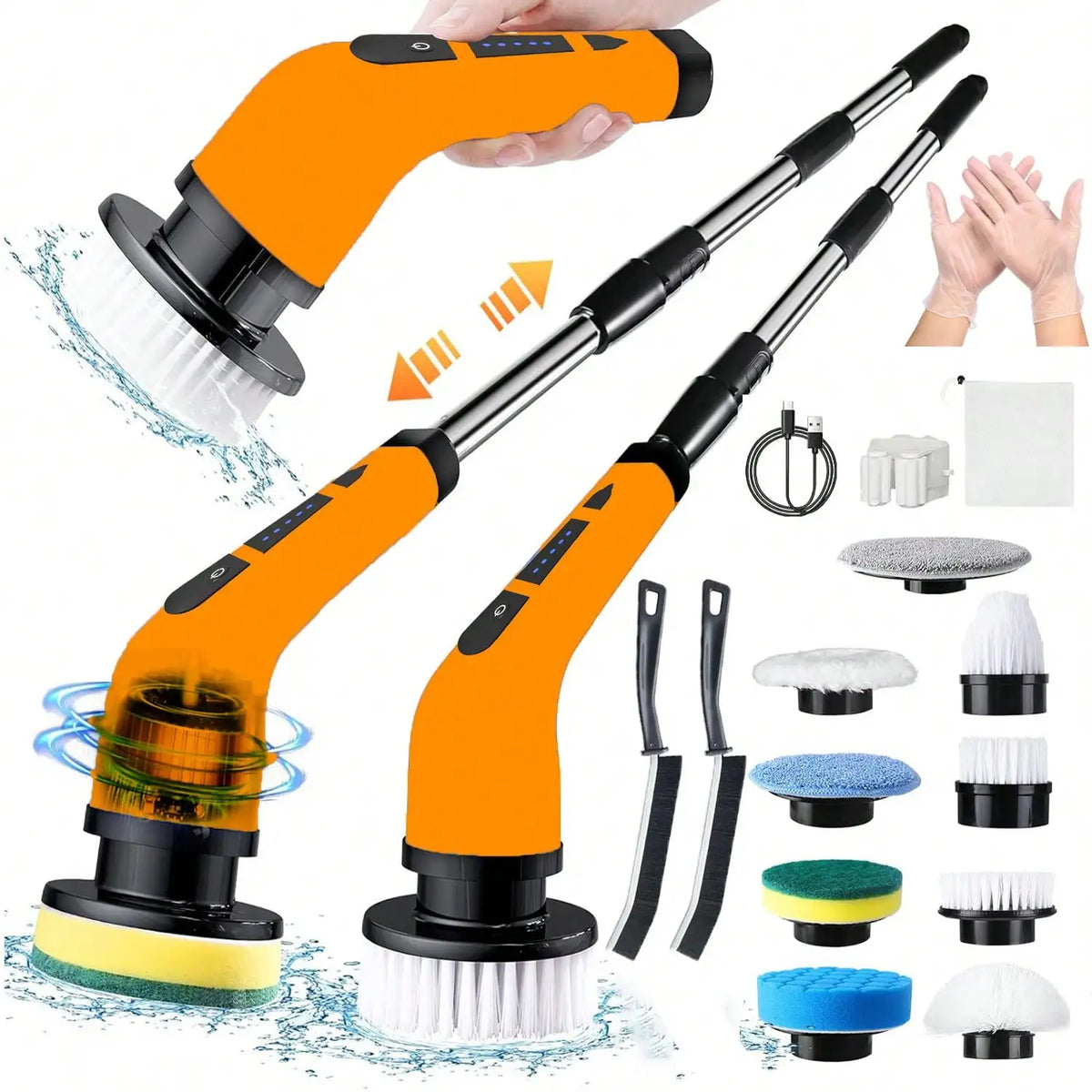 Rechargeable electric rotary scrubber with 9 brush heads, 2 speeds, adjustable handle, and waterproof design for easy cleaning.