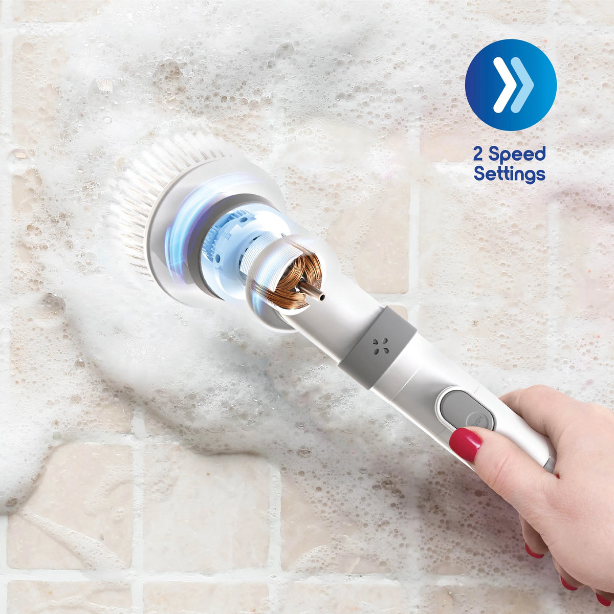 Cordless electric spin scrubber with 9 brush heads, 2 speeds, adjustable handle, and waterproof design.