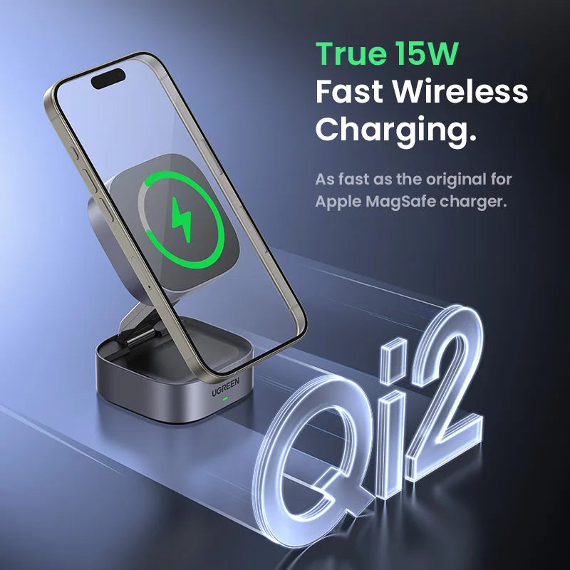 UGREEN 15W 2-in-1 magnetic wireless charger for fast and convenient charging of iPhone and AirPods.