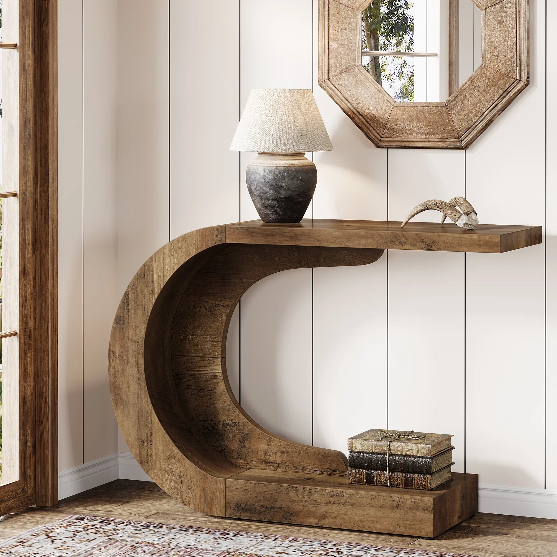 Add a modern touch to your home with this 43.3-inch mid-century console table. Its unique C-shaped design is perfect for entryways, hallways, or living rooms, offering both style and functionality.