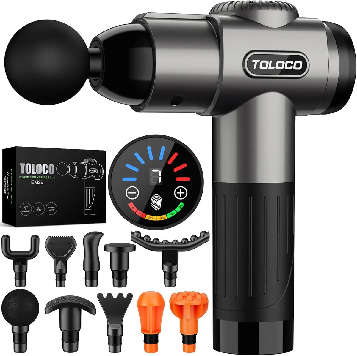 Deep tissue massage gun with 10 massage heads and a quiet motor, ideal for muscle relaxation and recovery.