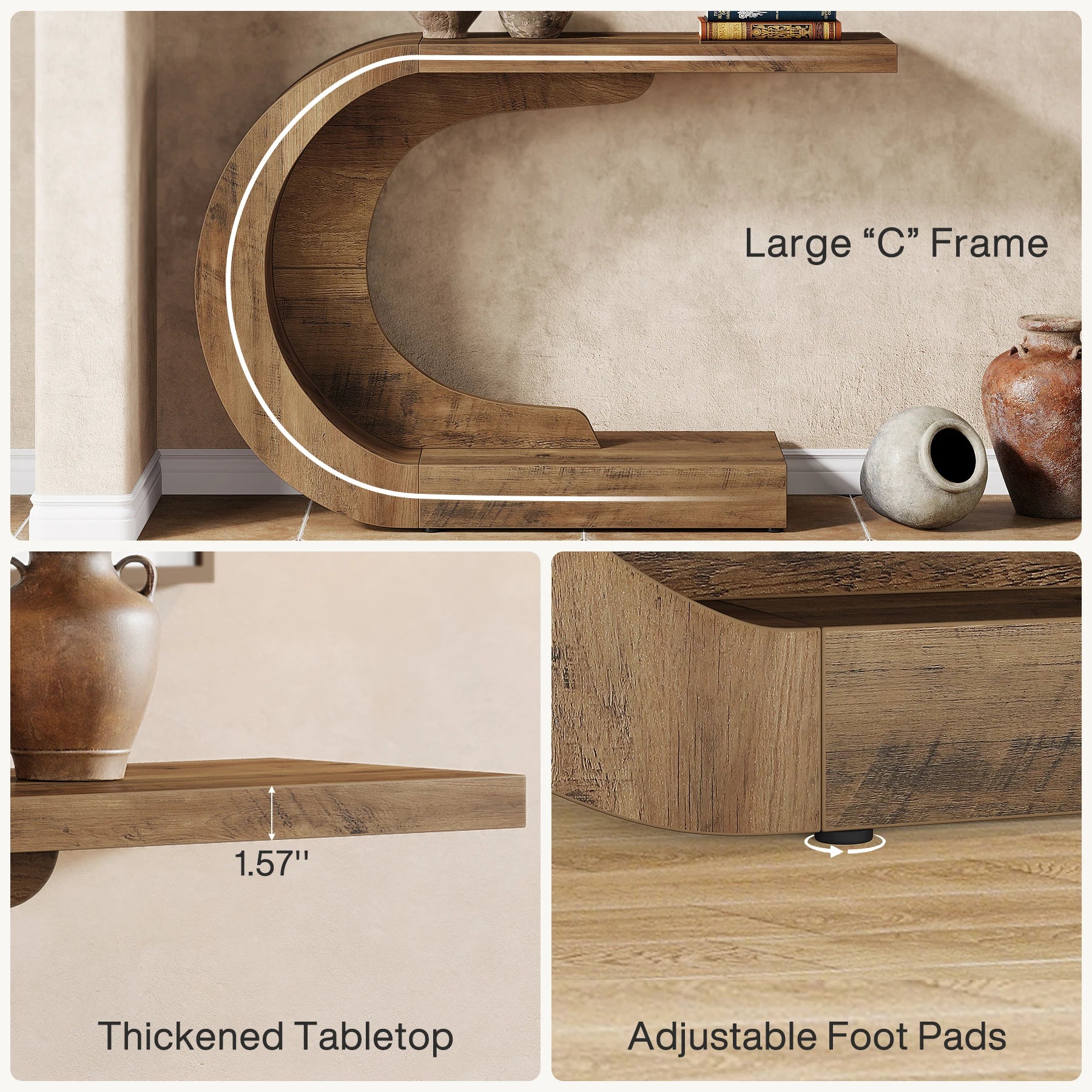 Add a modern touch to your home with this 43.3-inch mid-century console table. Its unique C-shaped design is perfect for entryways, hallways, or living rooms, offering both style and functionality.
