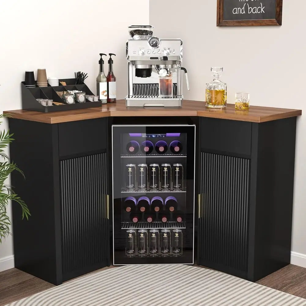 L-Shaped Liquor Cabinet & Coffee Bar with Fridge Space
Elevate your home entertaining. This versatile L-shaped corner station offers built-in storage for your favorite wine and spirits, plus a dedicated space to seamlessly slide in your mini-fridge.