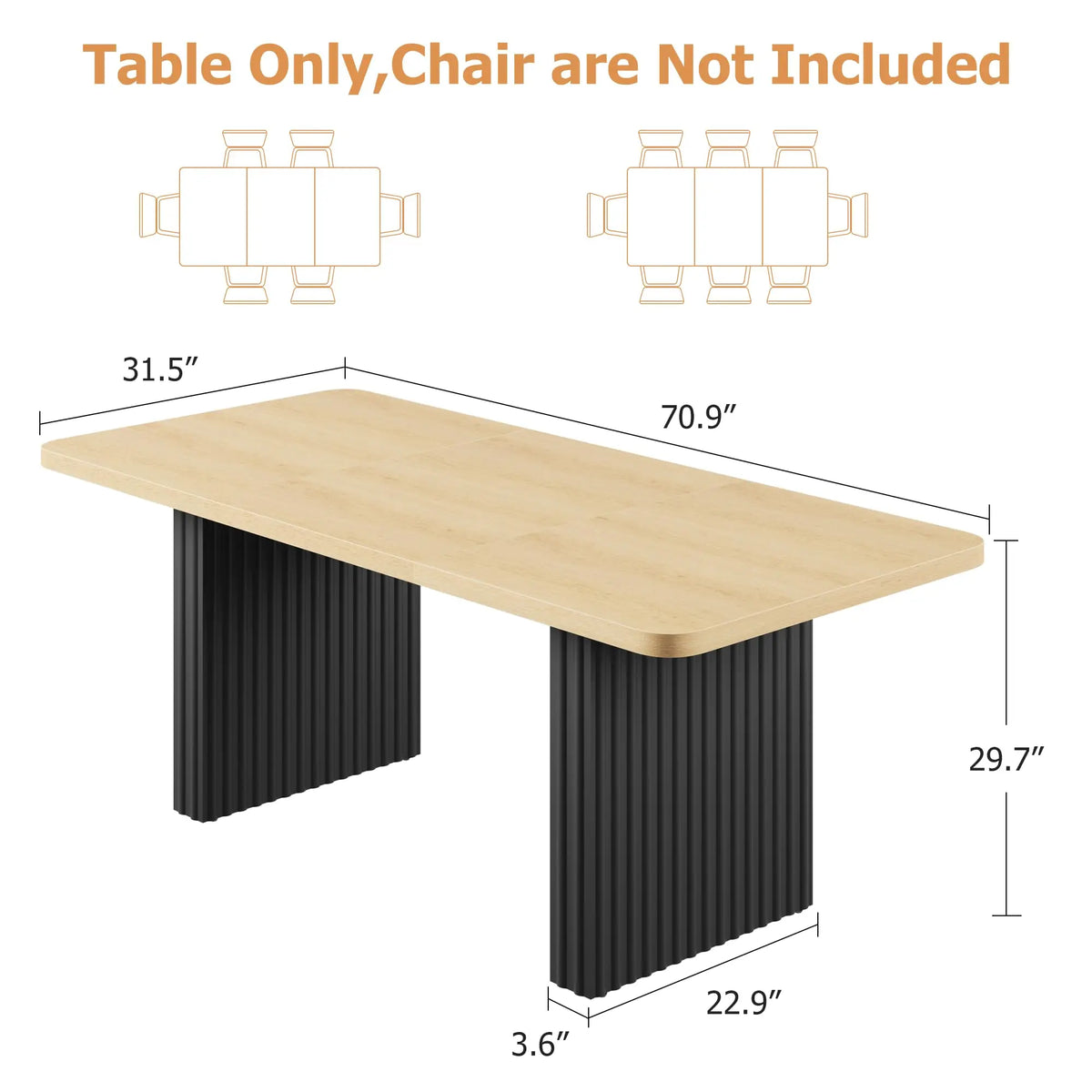 71" Modern Wooden Dining Table – Fluted Metal Legs, Seats Up to 8