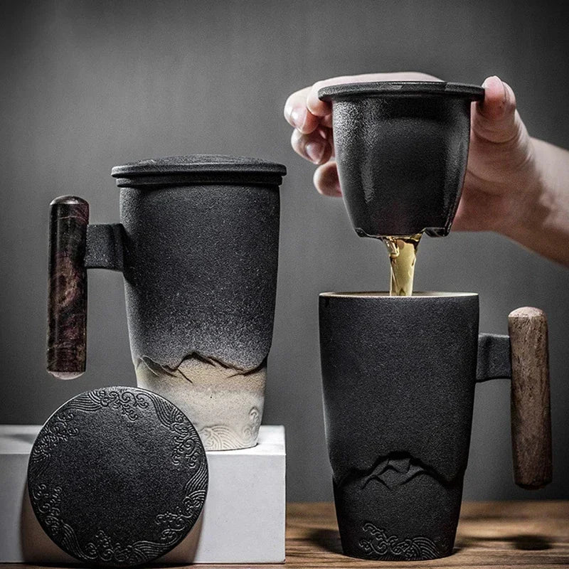 Luxury Retro Ceramic Tea Mug – Large Capacity Cup with Filter, Lid & Wooden Handle, Gift Box
