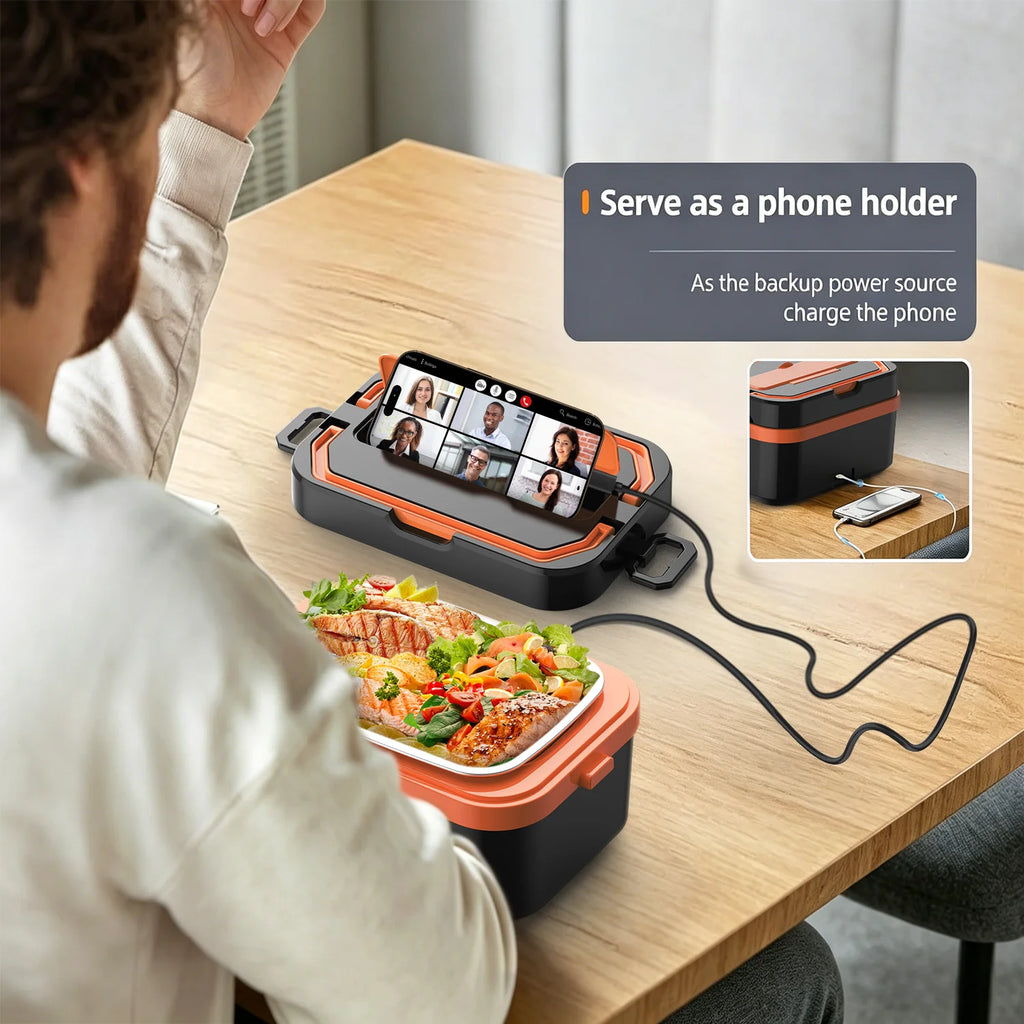 Cordless Heated Lunch Box Pro with a 30,000mAh rechargeable battery, 100W fast heating, and smart temperature control up to 221°F. Includes an insulated bag, perfect for work, travel, and camping.