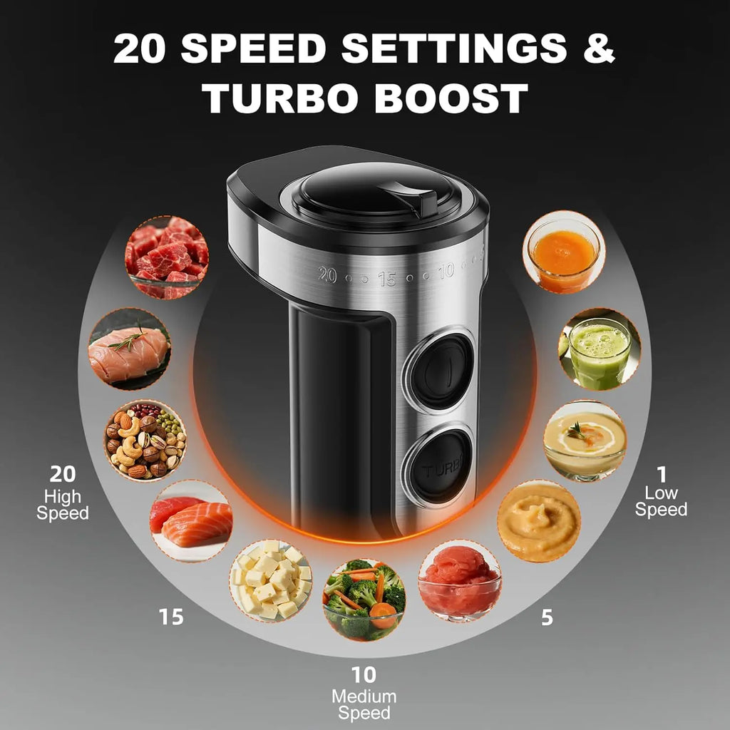 1200W 5-in-1 Variable Speed Hand Blender Kit
Blend, chop, whisk, and froth with 1200W of precision power. This 20-speed immersion blender comes with a full suite of interchangeable accessories for ultimate kitchen versatility.