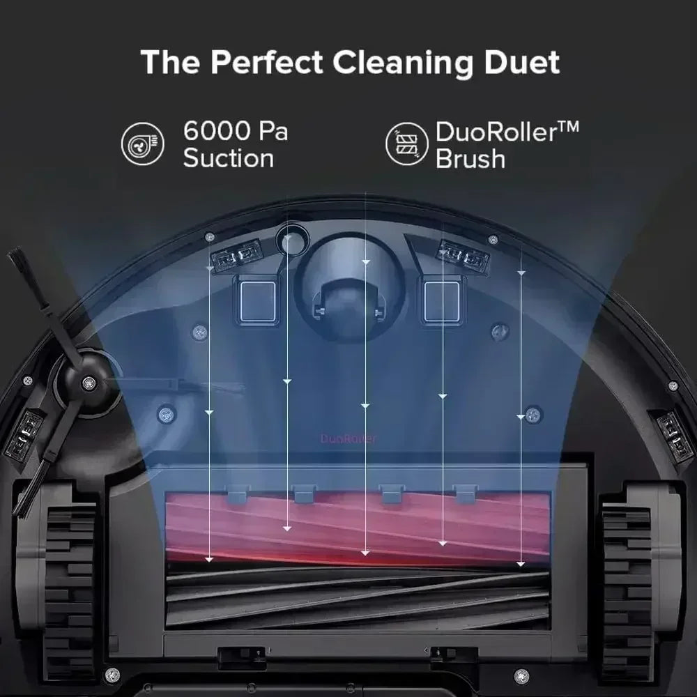 High-capacity robot vacuum and mop with self-emptying dock, 60-day dust storage, auto mopping, and smart carpet detection.