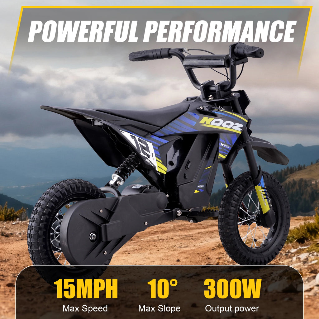 KOOZ 300W Kids Electric Dirt Bike (15.5 MPH)
The ultimate off-road experience for young riders. This 36V electric motorcycle features 3 safe speed modes, a 15.5 MPH top speed, and a long-lasting 14-mile range on a single charge.