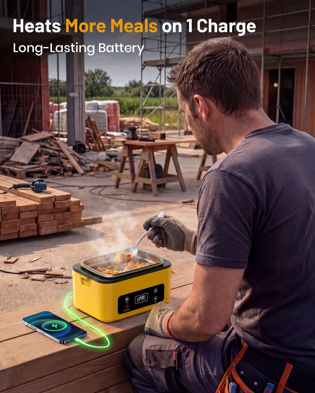 Portable heated lunch box with a 40oz stainless steel container, leakproof design, and built-in power bank for work, school, or travel.